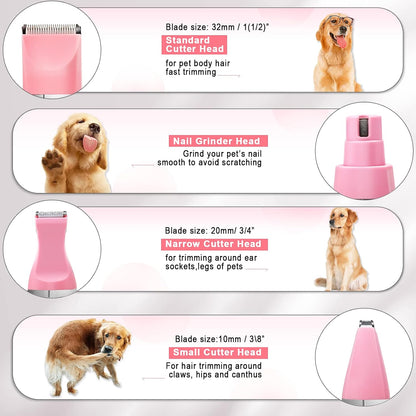 Dog Grooming Clippers Kit-Electric Rechargeable Cat Trimmer Tools-Cordless Quiet Pet Nail Paw Grinder-4 in 1 Multifunctional Low Noise Shaver-Razor for Feet Face Ears Toenail Eye（Pink）